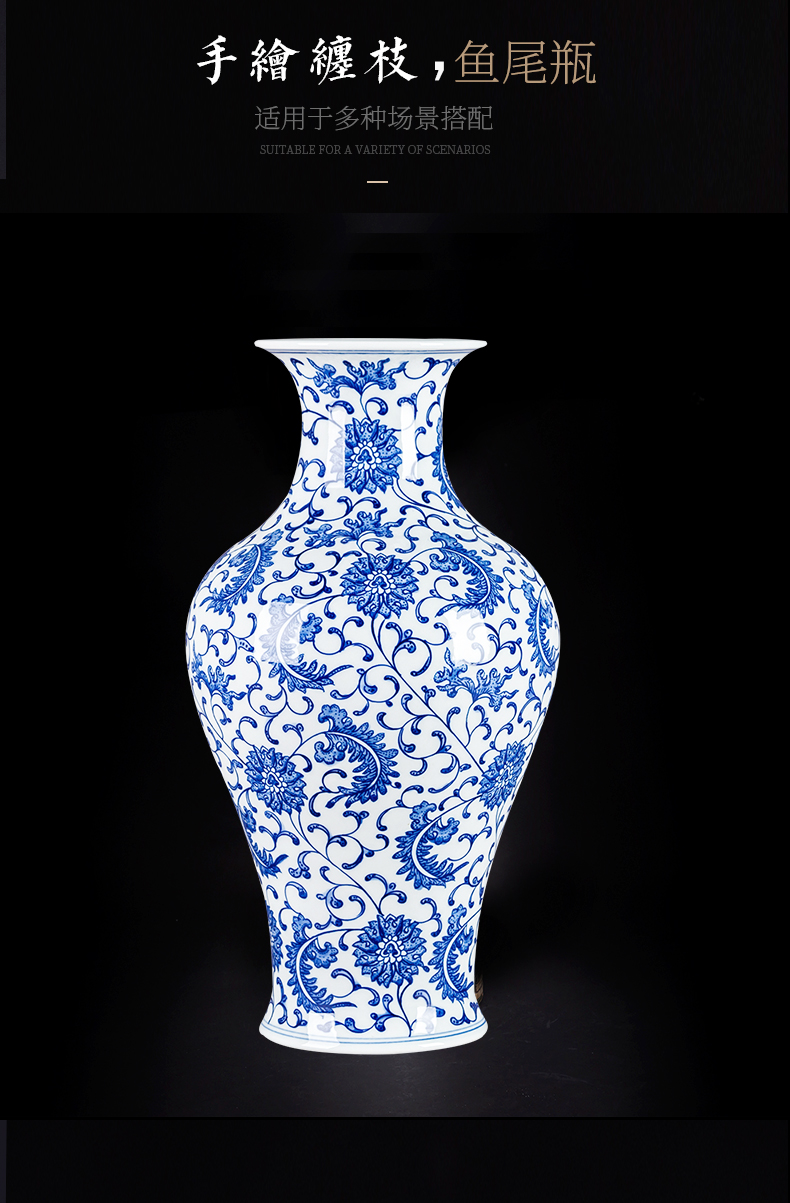 Antique blue and white porcelain of jingdezhen ceramics bound lotus flower vase Chinese style living room corner what adornment is placed by hand