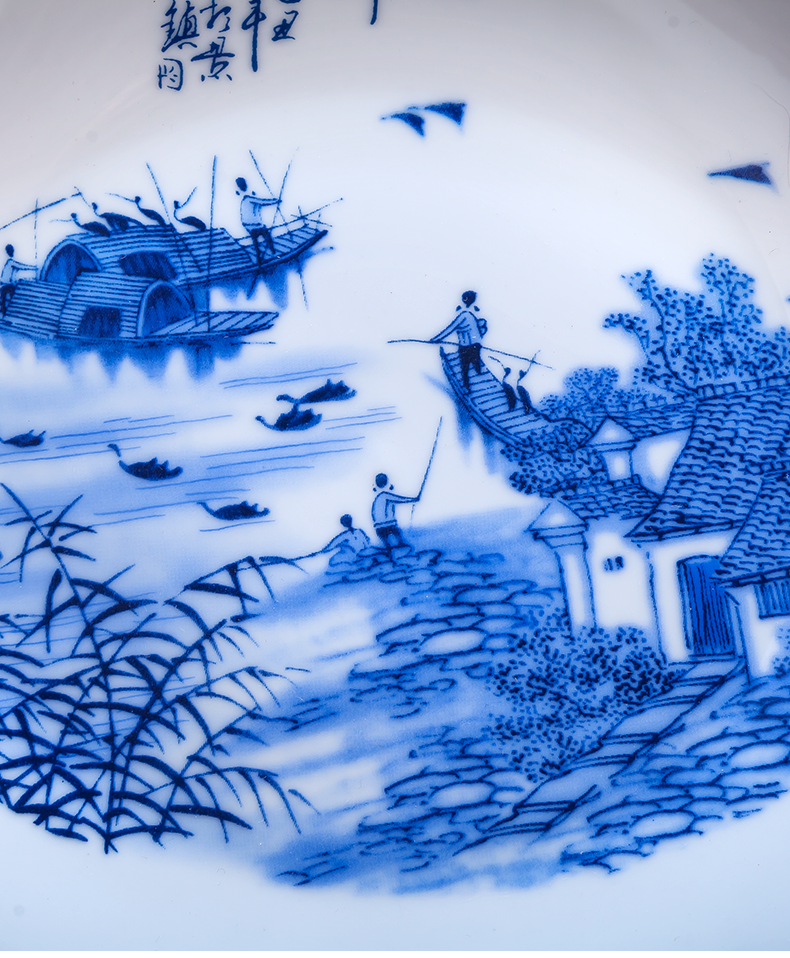 Blue and white porcelain of jingdezhen ceramics landscape painting decorative furnishing articles household decoration of Chinese style living room rich ancient frame plate