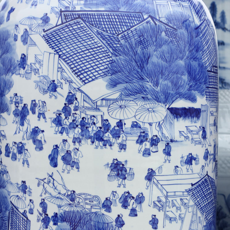 Jingdezhen ceramic hand - made large blue and white porcelain vase qingming scroll villa hotel furnishing articles large living room