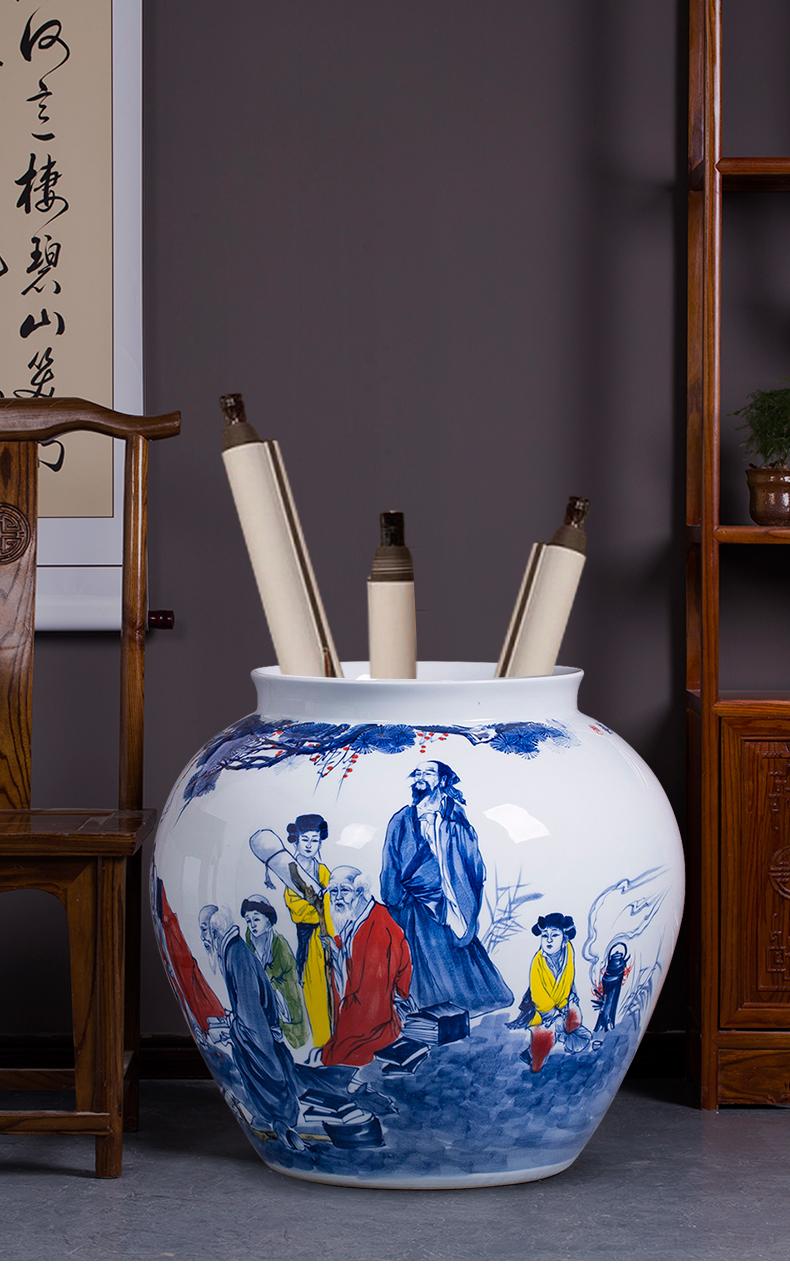 Hand - made landing pot - bellied pot vase of blue and white porcelain of jingdezhen ceramics sitting room adornment is placed on the calligraphy and painting scroll cylinder