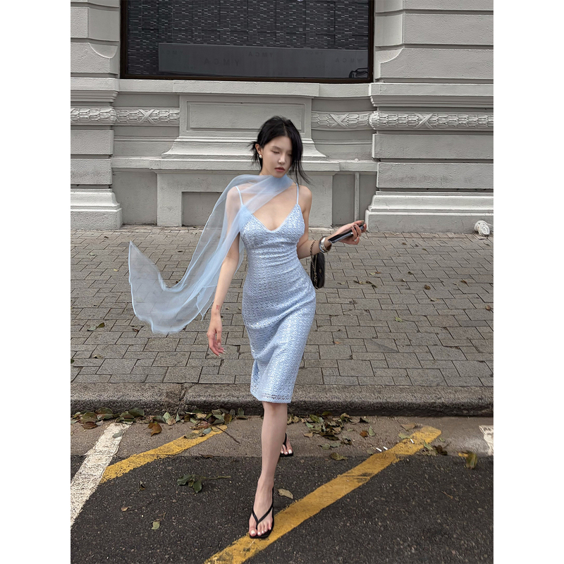 Hydrae X1 Ying Blue Sequin Lace Camisole Dress for Women, V-Neck, Waist-Cinching, Slimming, Mid-Length Bodycon Dress Hydrae X1 Ying Blue Sequin Lace Camisole Dress for Women, V-Neck, Waist-Cinching, Slimming, Mid-Length Bodycon Dress