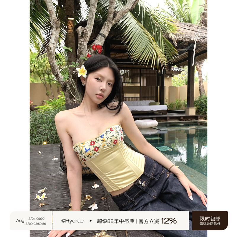 Hydrae Xi1 Ying Lace Embroidered Fishbone Tube Top for Women, Summer Spicy Girl Style, Waist-Cinching, Slimming, Sleeveless Short Top Hydrae Xi1 Ying Lace Embroidered Fishbone Tube Top for Women, Summer Spicy Girl Style, Waist-Cinching, Slimming, Sleeveless Short Top