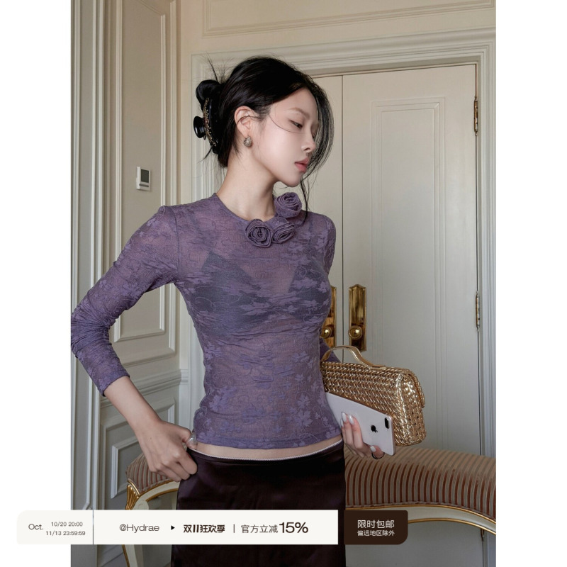 Hydrae Xi1Ying Rose Appointment Purple Three-Dimensional Flower Bubble Gauze Long Sleeve T-Shirt Slim Fit Lace Top