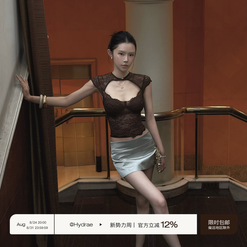 Hydrae Xi1Ying Slightly Drunk Coffee-Colored Vintage Lace Short Sleeve T-Shirt for Women, Short Hot Girl Hollow Out Top