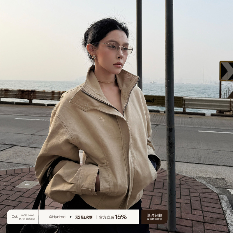 Hydrae X1 Khaki Vintage Washed Jacket Women's Autumn Loose Fit Short Stand Collar Coat Hydrae X1 Khaki Vintage Washed Jacket Women's Autumn Loose Fit Short Stand Collar Coat