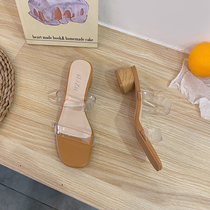  Overseas transparent slippers womens summer 2021 new fairy wind medium heel thick heel high heels womens shoes