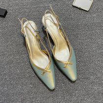  Overseas sandals 2021 summer new leather cat heel bag pointed back empty word buckle belt single shoes womens shoes