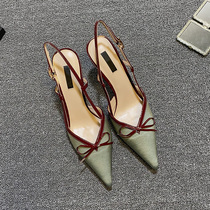  Overseas sandals 2021 summer new silk cloth bow pointed stiletto heel one-word buckle side empty sandals