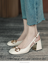  Overseas leather 2021 new horse title buckle high thick heel shoes womens white retro square head baotou sandals single shoes