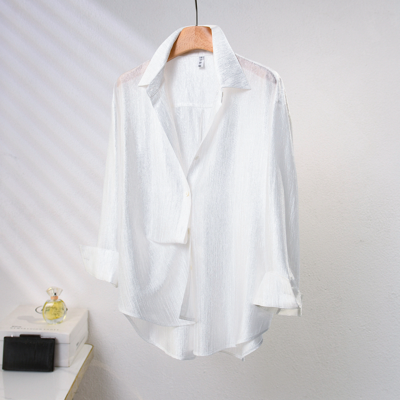 Huajtu Pearlescent High-Quality Acetate Shirt for Women, Textured and Drapey, Fashionable Loose Fit, Cool and Lightweight White Shirt