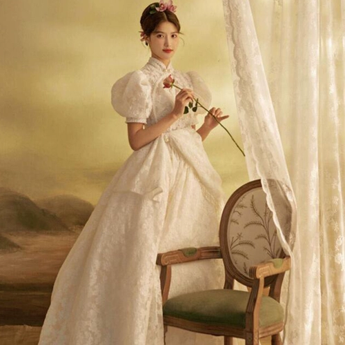 Кружевное свадебное платье, французский стиль, кружевное платье, рукава фонарики