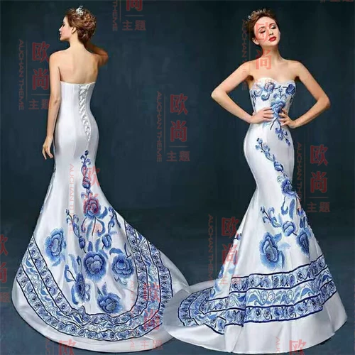 Ретро сине-белое свадебное платье, реквизит для фотографии подходит для фотосессий, китайский стиль, пышное платье