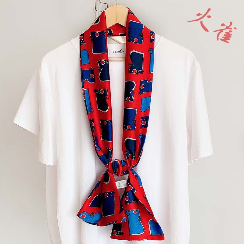 Korean version ins versatile long silk scarf autumn winter summer decoration cartoon small neck scarf literary small scarf women's turban