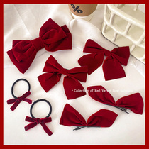 Red big bow hairpin Internet celebrity 2024 new velvet hairpin womens side clip headdress top clip hair accessory