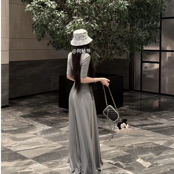 Popw Gentle and Elegant Ballet-Style Mid-Sleeve Round-Neck Slim-Fit Top + Elastic Skirt Pants Two-Piece Set for Women