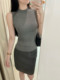 Popw Korean Women's Simple Gray Slim-Fit Round-Neck Sleeveless Versatile Tank Top + High-Waisted Mid-Length Skirt for Women