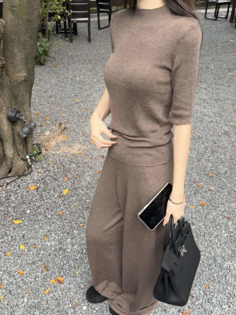 Popw LAOSHU Old Money Style Yangzi Wool Yarn Skin-Friendly Half-Sleeve Half-Turtleneck Solid Color Base Shirt T-Shirt