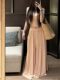 Popw Gentle and Elegant Ballet-Style Mid-Sleeve Round-Neck Slim-Fit Top + Elastic Skirt Pants Two-Piece Set for Women