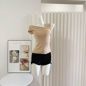 Popw Top-Notch Style Korean-Style Off-Shoulder Short-Sleeve Niche Top That Exposes Collarbone for Women