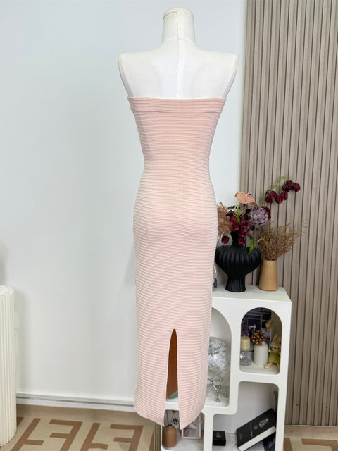 Popw Summer Oxygen Style Three-Dimensional Jacquard Strapless Mid-Length Knitted Dress with Back Slit