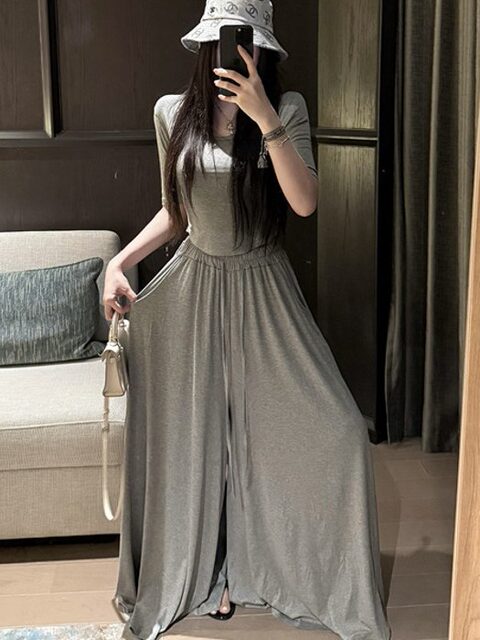 Popw Gentle and Elegant Ballet-Style Mid-Sleeve Round-Neck Slim-Fit Top + Elastic Skirt Pants Two-Piece Set for Women