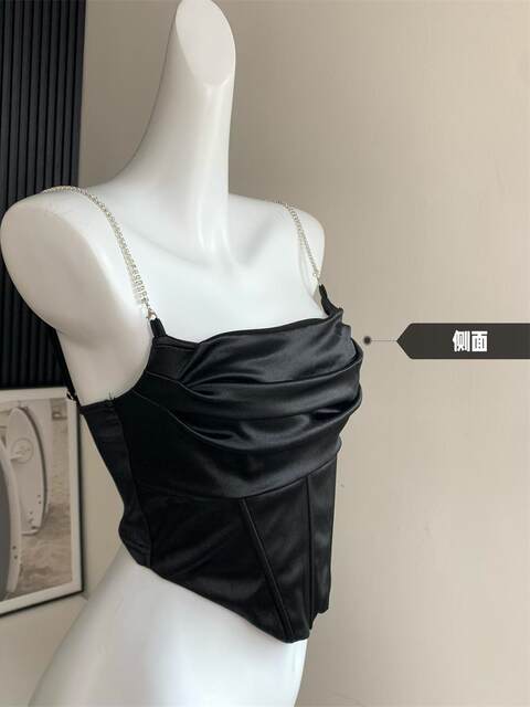 Popw Hot Girl Ruffled Collar Rhinestone Camisole Top for Women, Fishbone Waist Slimming Versatile Sexy Tank Top