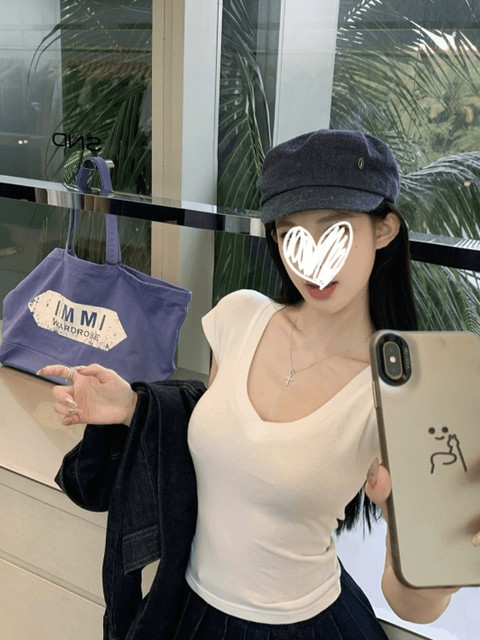 Popw LAOSHU 2025 Summer New Basic Everyday Versatile Slimming Short V-Neck T-Shirt Base Shirt Top