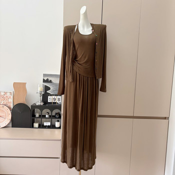 Popw Chestnut Autumn Tencel Knitted Cardigan Set Women's Early Autumn Vest Skirt Three-Piece Set