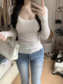 Popw Slim Fit Square Neck Basic Versatile Slimming Solid Color Long Sleeve T-Shirt Casual Top for Women
