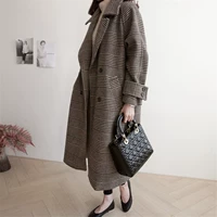 Mùa thu và mùa đông phiên bản mới của Hàn Quốc của áo khoác len kẻ sọc Houndstooth mỏng và mỏng của phụ nữ có chiều dài giữa áo khoác len dày đến đầu gối - Áo len lót đôi