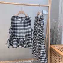 Original Art Retro Plaid Sleeveless Vest Blouse Blouse 2022 Summer Cotton Striped Pants Casual Seven-minute Pants