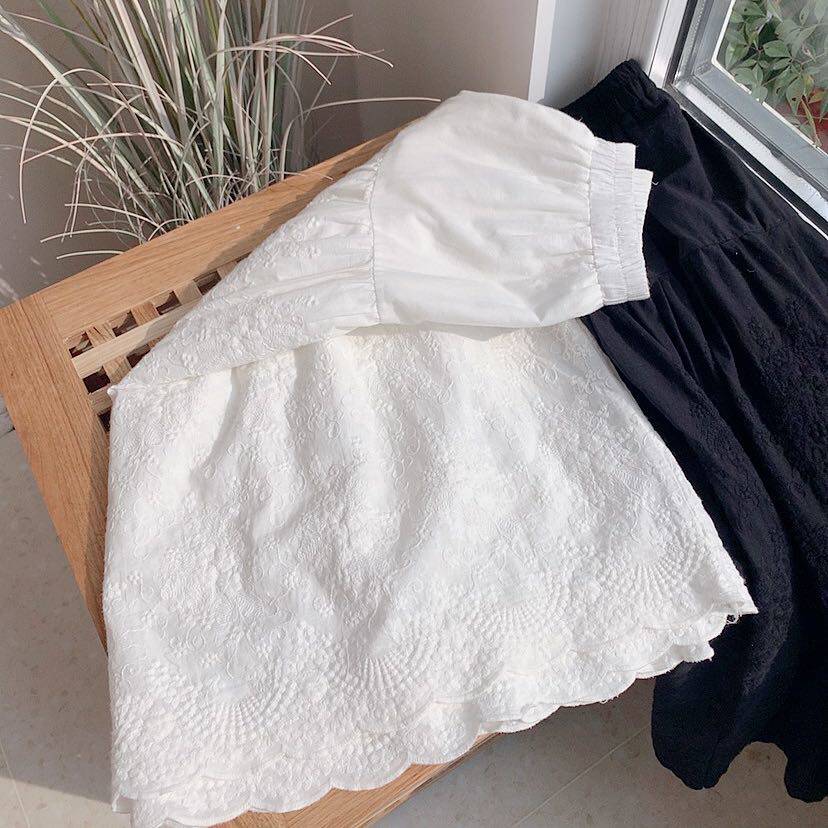 Korean literary fan embroidered lace stitching cotton and linen skirt women's summer loose and thin A-line skirt long skirt women's skirt