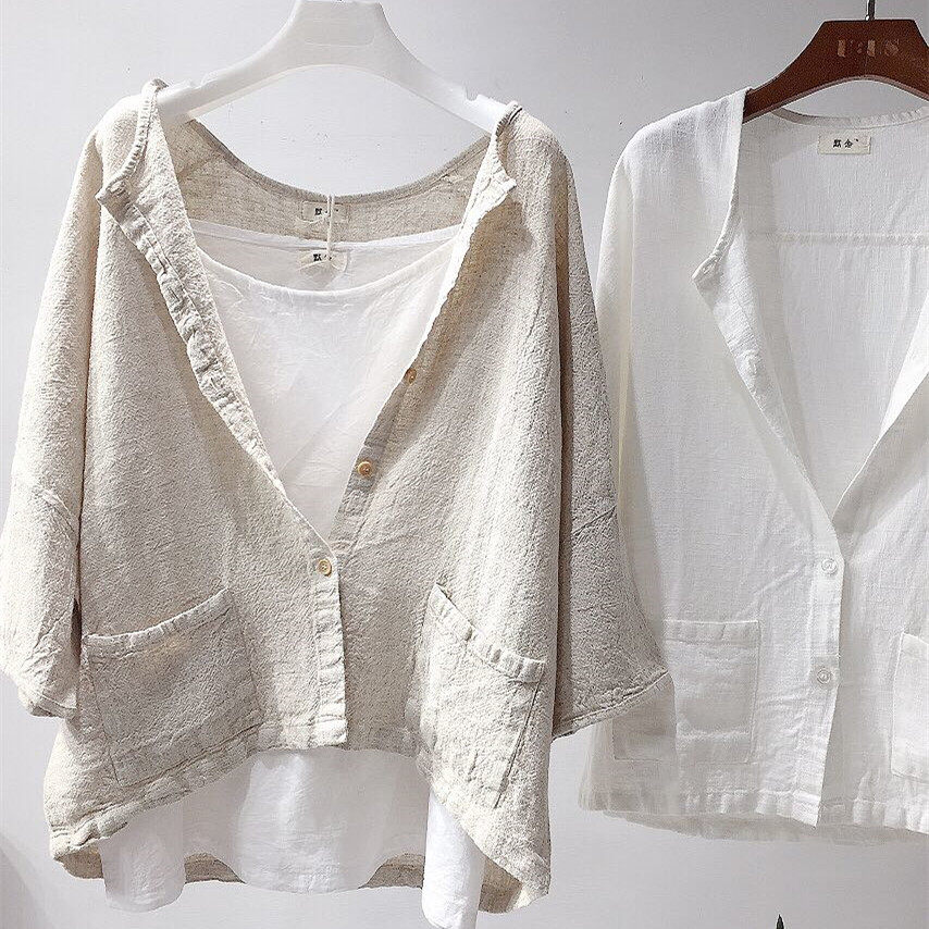 Original design cotton linen small cardiovert woman loose retro art Fan blouse Sesame Zen sunscreen jacket Shirt-Taobao