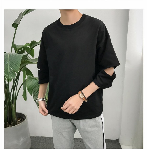 Phong cách Hồng Kông hè ngắn tay xu hướng cá tính lỗ 7 điểm trong tay áo Phiên bản Hàn Quốc áo thun rộng tay nam sinh viên áo thun 7 điểm tay áo áo oversize nam