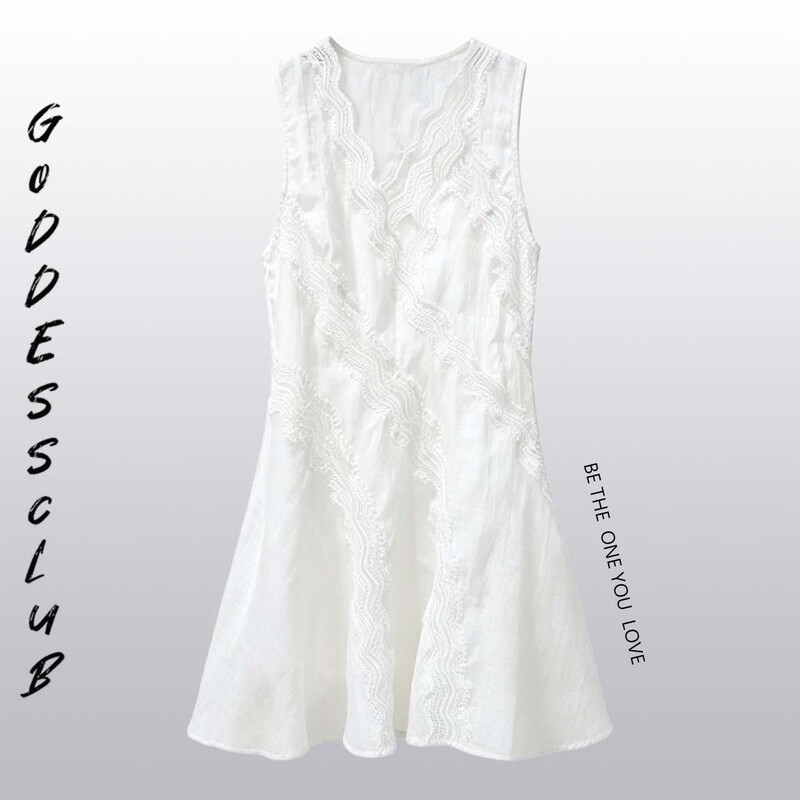 Tian Xiwei's Style, Shenzhen Nanyou French-Style White Lace Patchwork V-Neck Tank Dress, Chanel-Style Sleeveless Dress