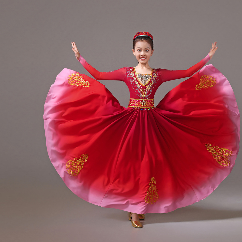 2026 Xinjiang Dance Performance Costumes for Children, Uyghur Ethnic Performance Clothing, Pomegranate Red Gulie Ethnic Clothing for Women