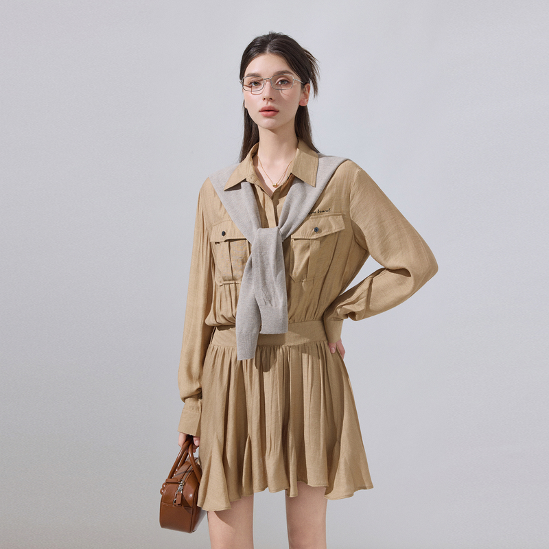 Ikyou High-End Shirt Collar Long-Sleeved Dress for Women, New Spring and Autumn Design, Waist-Cinching and Slimming Shirt Dress