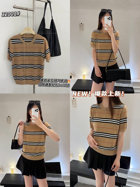 European Retro Striped Style Round Neck Short-Sleeved Knitwear for Women with Contrasting Colors, Versatile Slim Fit, Slimming Half-Zip Casual Top