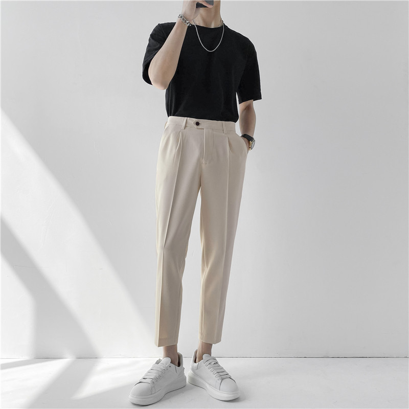 Pure color Korean version 90% pants men's clothing light cooked wind slim fit for summer clothes with high display slim smoke pipe pants trendy casual Western pants