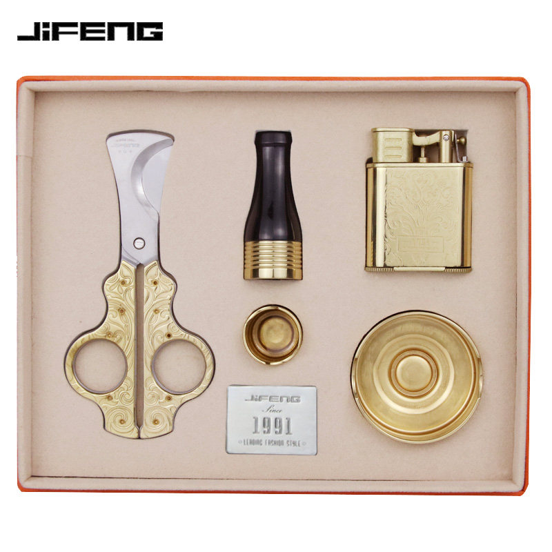 JIFENG Monsoon Windproof Lighter Scissors Titanium Metal Cigar Pipe Ashtray Cigarette Holder Five Pieces Gift Suit-Taobao