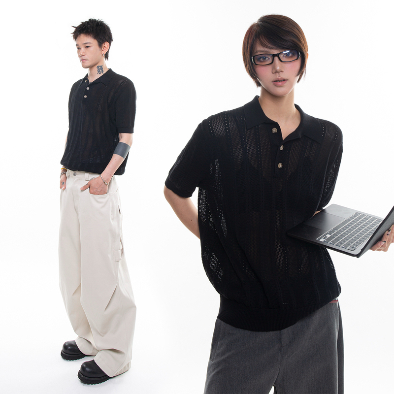 Differ Eleven Neutral Old Money Style Knitted Short-Sleeved T-Shirt with Henley Collar Polo Shirt