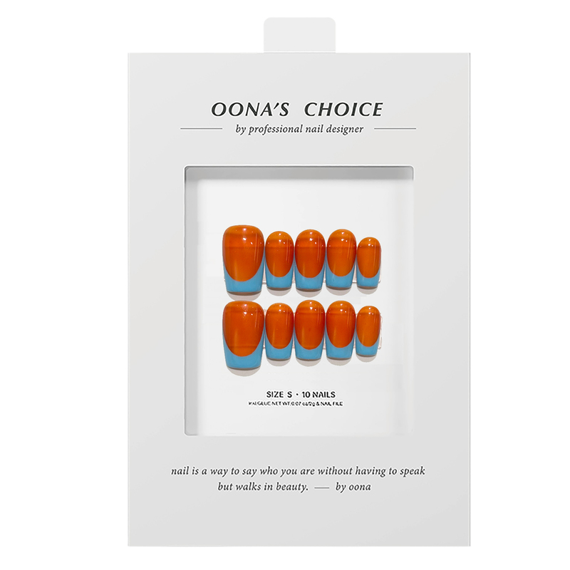 【Pop Art】Superb Orange and Blue Color-Blocking French Manicure, Summer Island Vacation Style, Fashionable and Trendy Press-On Nails