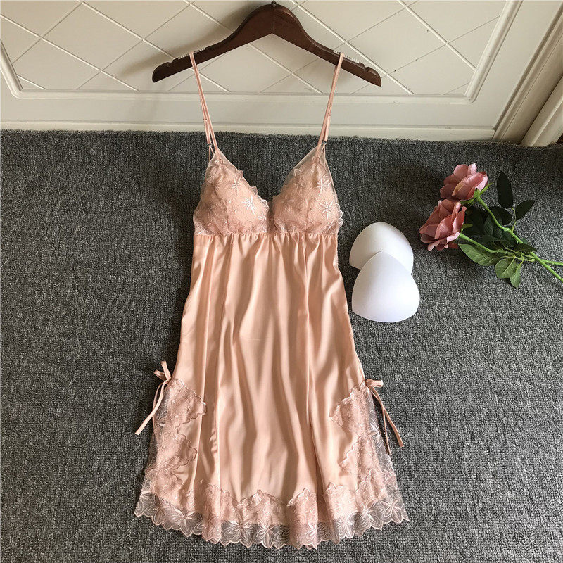 Japanese Pyjamas Women's Summer New Ice Silk Lace Sexy Harnesses Sleeping Skirts Loose big sizes with chest cushions Home Home Clothing