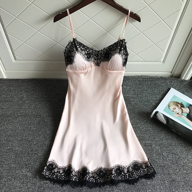 Japanese pajamas women with chest cushion lace pink suspender summer ice thin small breasts gather sexy nightgown women
