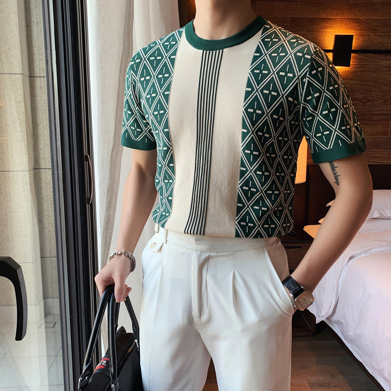 Summer round tie-shaft T-shirt Men short sleeve knitted shirt Lightweight English trend mens