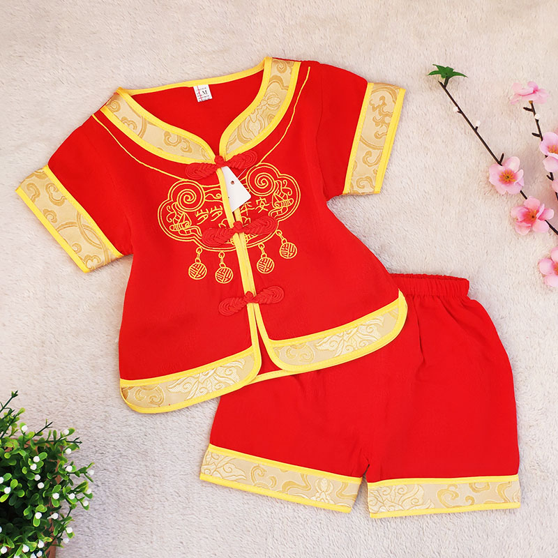 Baby Tangshire Boys Short Sleeve Summer 2022 Baby Summer Baby Summer Lunar Dress Soft Satin Red Clothes