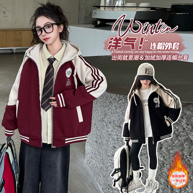 女の子用キルティングジャケット、女の子用秋冬2024新作フード付き厚手コットンジャケット、中・大サイズ子供用カレッジスタイルジャケット