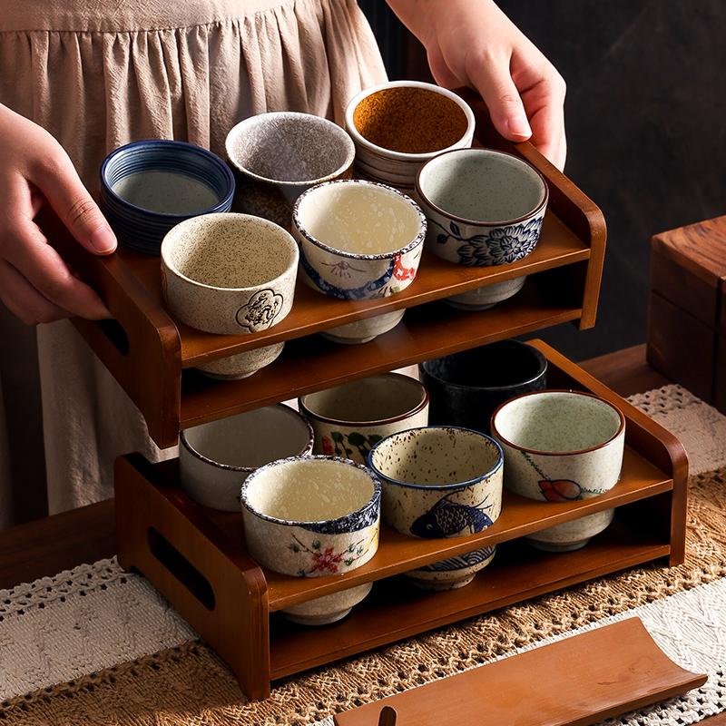 Retro Chinese-Style Underglaze Hand-Painted Ceramic Kung Fu Tea Tasting Cup Set, High Temperature Resistant, Thickened, with Wooden Stand for Home Use