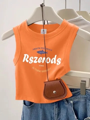 Summer Dopamine Pure Cotton Printed New Style Tank Top for Women, Orange Slim Fit, Flattering, Versatile Short Sleeveless Top, Trendy
