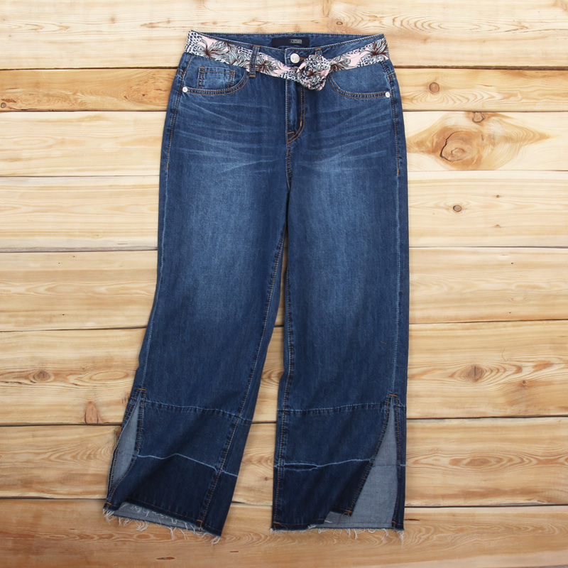 Ultra Worth Foreign Trade Women's Straight Barrel Jeans Broadlegged Pants Feet Open Fork Casual Pants Summer Thin women's pants Flowers Belts